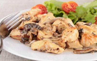 Тушёная куриная грудка с грибами в соусе и овощной салат